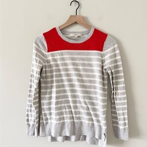 LOFT Crew Neck Lightweight Sweater in Gray & White Stripe with Red Detail MP